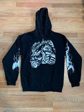Black Graphic Zip Hoodie with White Mask Artwork new without tag
